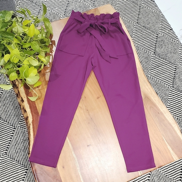 Tie Front Paperbag High Waist Tapered Trousers In Light Plum - Picture 3 of 7
